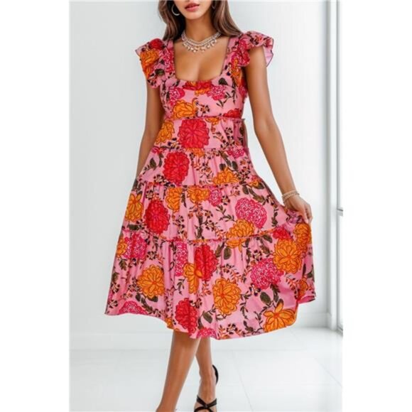 Dresses & Skirts - Ruffled Floral Square Neck Tiered Dress